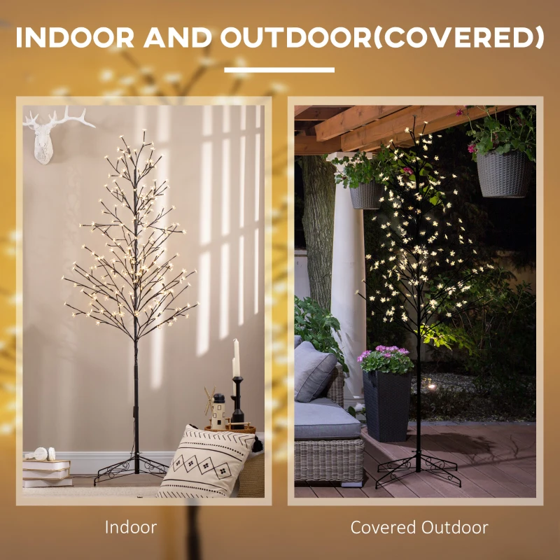 HOMCOM 6ft Artificial Cherry Tree Light with Plug In 180 Warm White Pre-Lit LED light for Indoor and Covered Outdoor Use