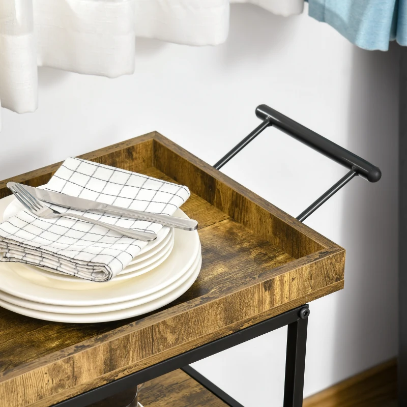 HOMCOM Desserte de Cuisine - Chariot de Service 3 étagères de rangement et Plateau à Rebord - châssis métal Noir avec parois ajourées et poignée - Aspect Bois Rustique