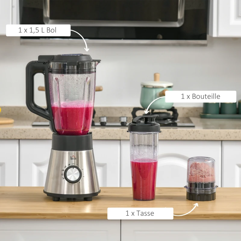 HOMCOM Blender 1000 W - 4 modes - 5 vitesses + fonction pulse - bol gradué 1,5 L, verre, grinder inclus - système verrouillage sécurité - nettoyage facile - acier inox. verre