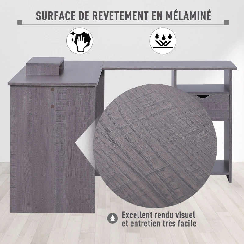 HOMCOM Bureau d'angle pour ordinateur table informatique 140L x 120l x 75H cm 3 niches 1 tiroir panneaux particules gris