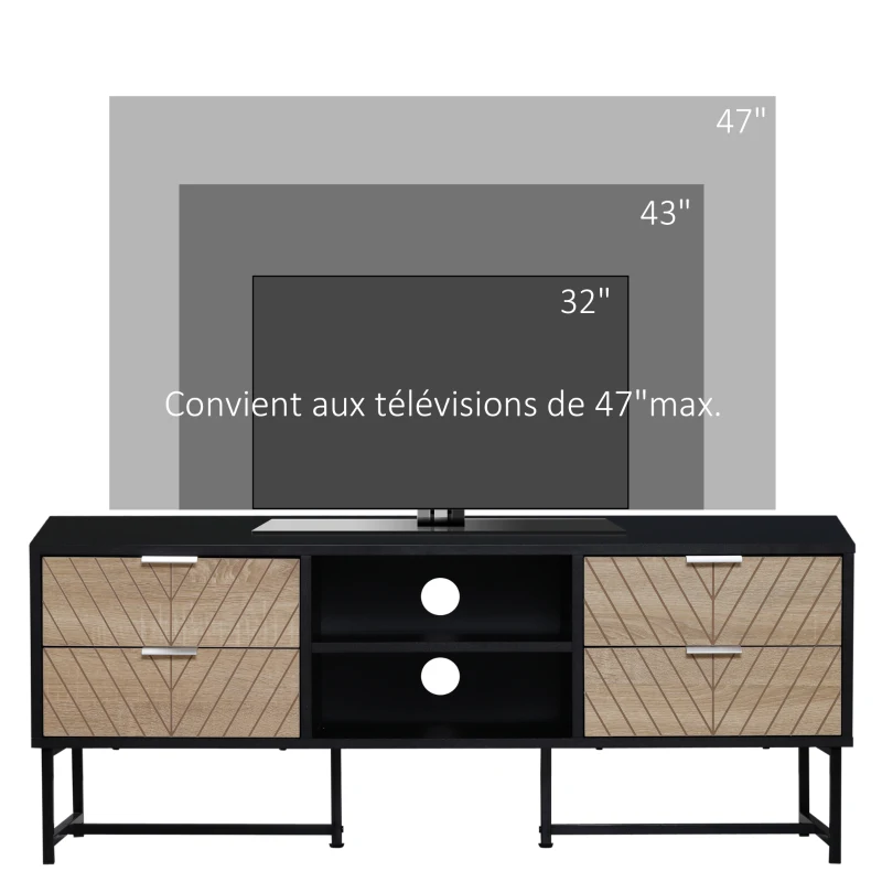HOMCOM Meuble TV Banc TV Style Graphique - 4 tiroirs, 2 niches, 2 Passe-Fils - piètement métal Panneaux Particules Aspect Bois de chêne sculpté à Chevrons Noir