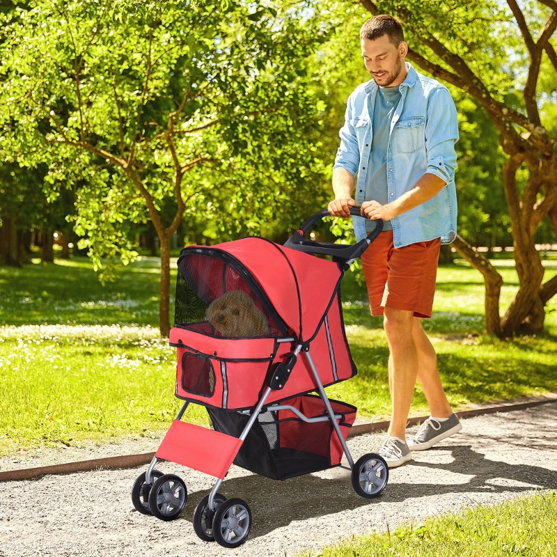 PawHut Carrinho de Passeio para Animais de Estimação Dobrável com Cesta de Armazenamento e Travão 75x45x97cm Vermelho