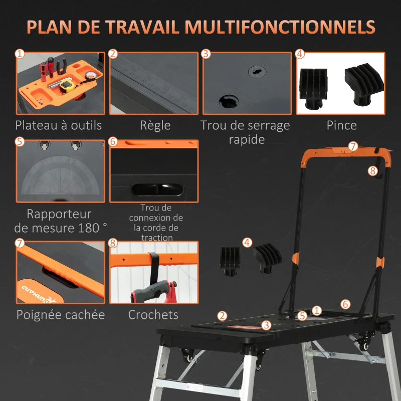 DURHAND Établi de travail, Plaforme de travail, Diable,Support de scie, Échafaudage, Marchepied, Chariot Pliable Multifonction 7 en 1 - Charge Max 150 kg