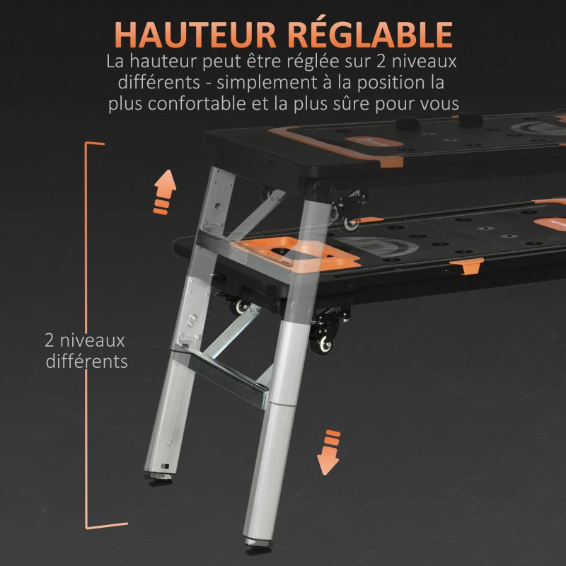 DURHAND Établi de travail, Plaforme de travail, Diable,Support de scie, Échafaudage, Marchepied, Chariot Pliable Multifonction 7 en 1 - Charge Max 150 kg