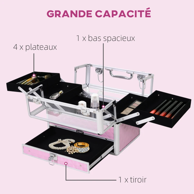 HOMCOM Mallette à maquillage - coffre à cosmétiques - rangement produits de beauté - dim. 30L x 18l x 22H cm - poignée serrure alu. acrylique rose