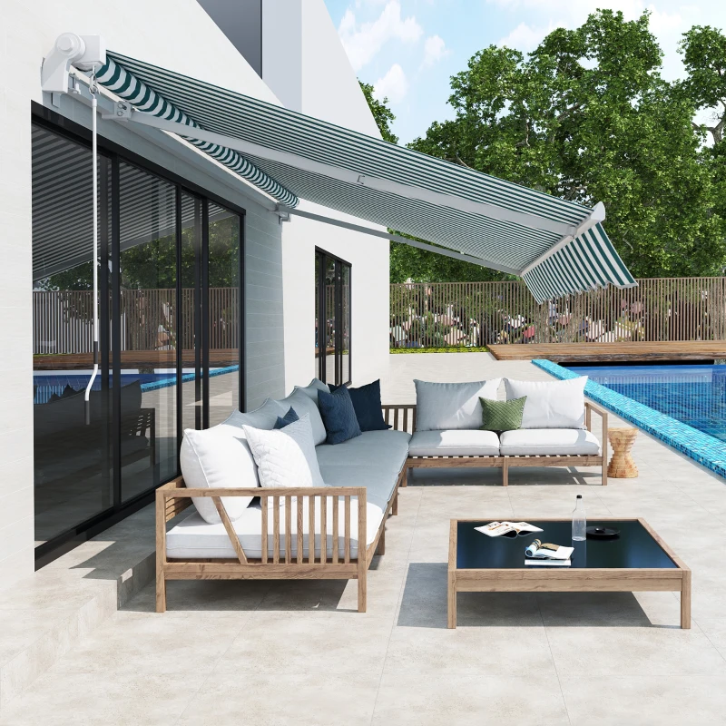 Outsunny Store banne électrique et Manuel rétractable dim. 3,95L x 3l (avancée) m télécommande fournie alu. Polyester Haute densité imperméabilisé Anti-UV Vert Blanc rayé