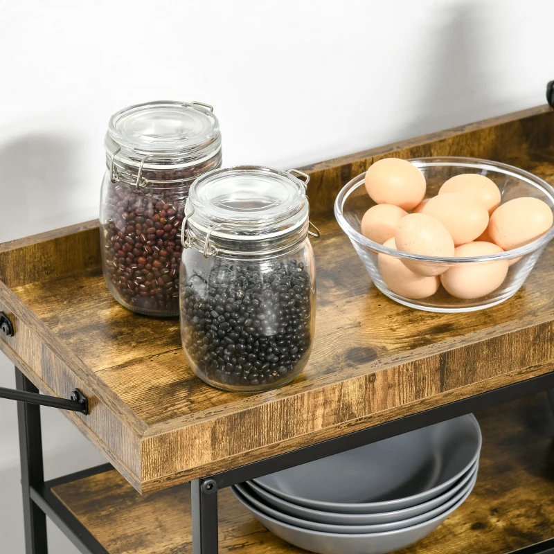 HOMCOM Desserte de Cuisine - Chariot de Service 3 étagères de rangement et Plateau à Rebord - châssis métal Noir avec parois ajourées et poignée - Aspect Bois Rustique