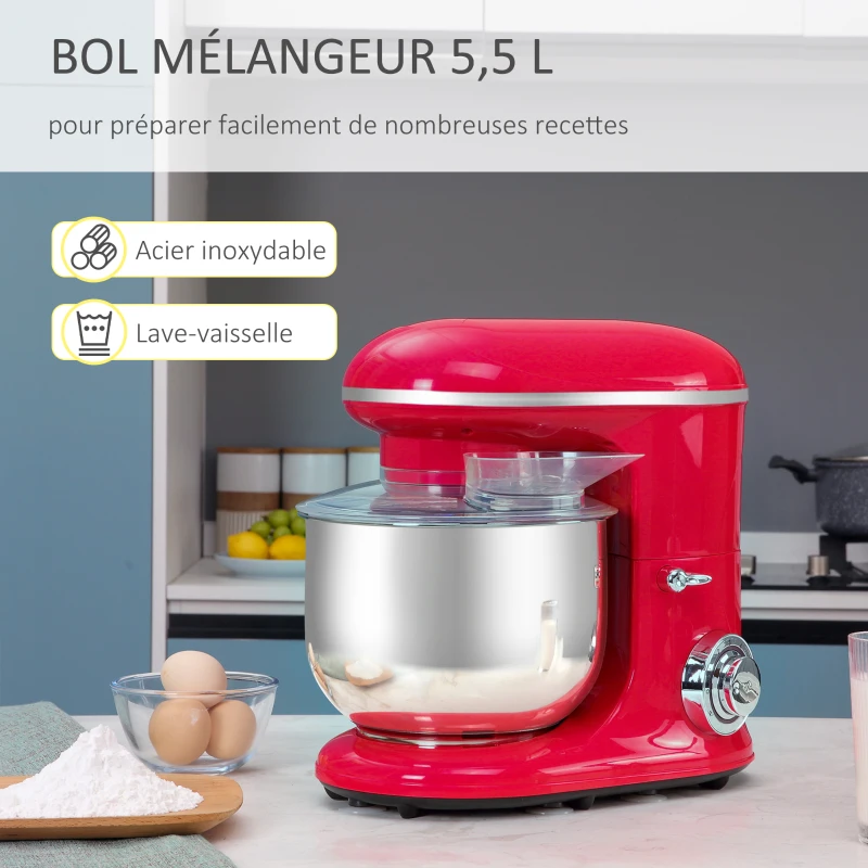 HOMCOM Robot patissier multifonctions 1200W - robot cuisine capacité XL 5,5L - 6 vitesses - batteur, couvercle anti-projections, crochet pétrisseur - transmission directe - acier inox. ABS rouge