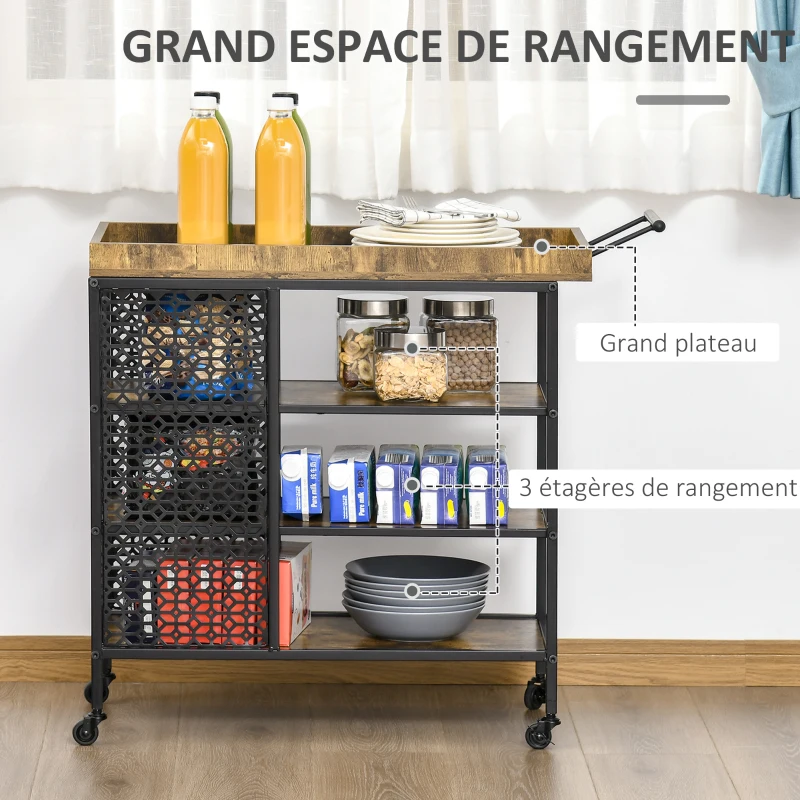 HOMCOM Desserte de Cuisine - Chariot de Service 3 étagères de rangement et Plateau à Rebord - châssis métal Noir avec parois ajourées et poignée - Aspect Bois Rustique