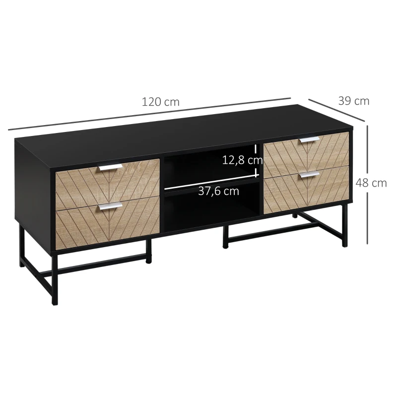 HOMCOM Meuble TV Banc TV Style Graphique - 4 tiroirs, 2 niches, 2 Passe-Fils - piètement métal Panneaux Particules Aspect Bois de chêne sculpté à Chevrons Noir