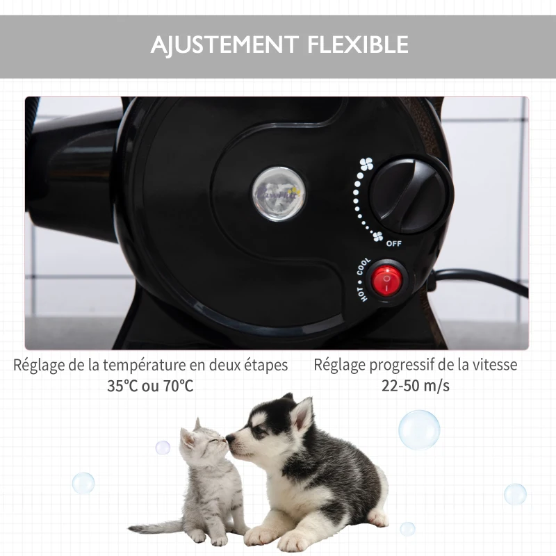 PawHut Séchoir pour animaux pulseur toilettage portable température réglable avec poignée 3 embouts - 2400W - noir