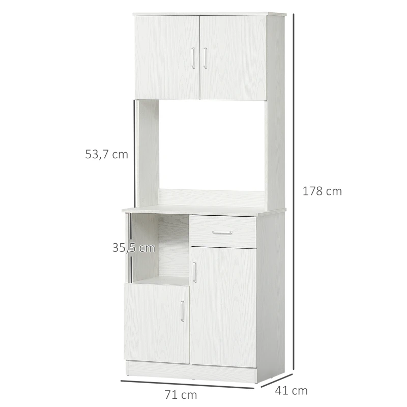 HOMCOM Armário Auxiliar de Cozinha com 3 Portas de armário Prateleira Ajustável Gaveta e estante Aberta 71x41x178 cm Branco
