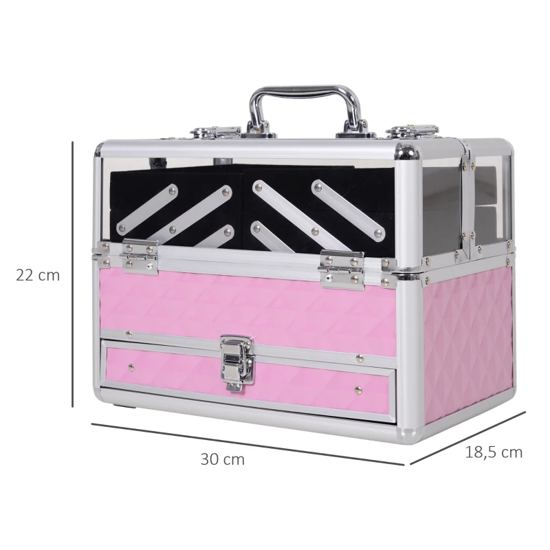 HOMCOM Mallette à maquillage - coffre à cosmétiques - rangement produits de beauté - dim. 30L x 18l x 22H cm - poignée serrure alu. acrylique rose