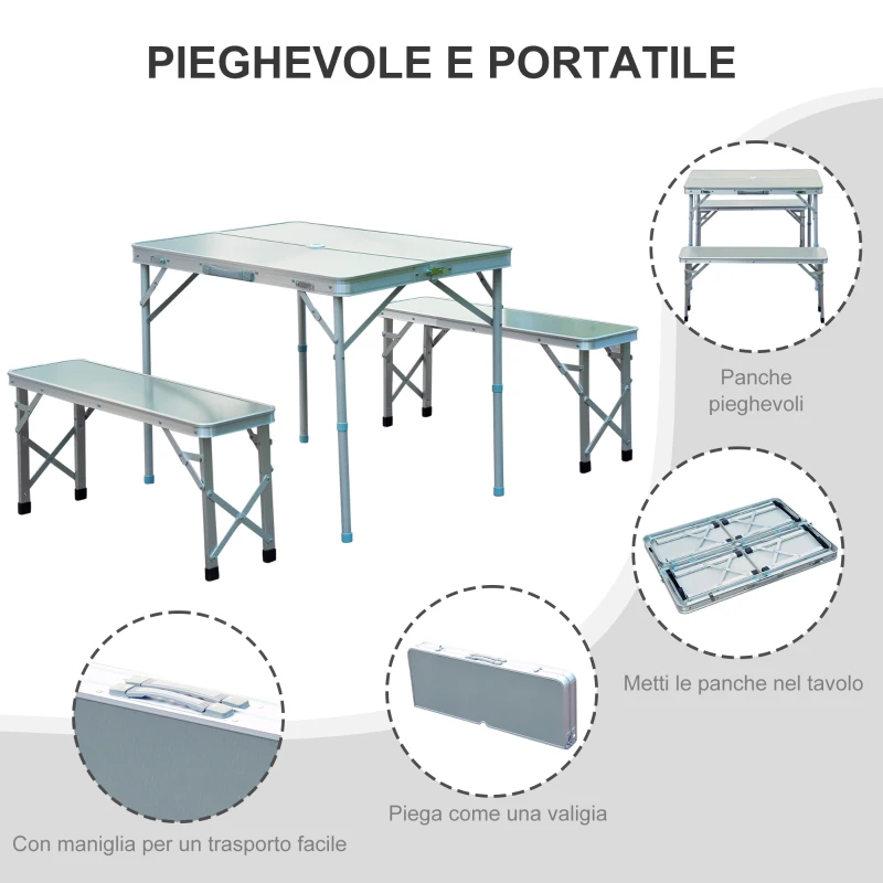 Outsunny Set Tavolo Pieghevole da Giardino con 2 Sedie da Campeggio Picnic Portatile Regolabile in Lega d'Alluminio 90x 66x 70cm Argento
