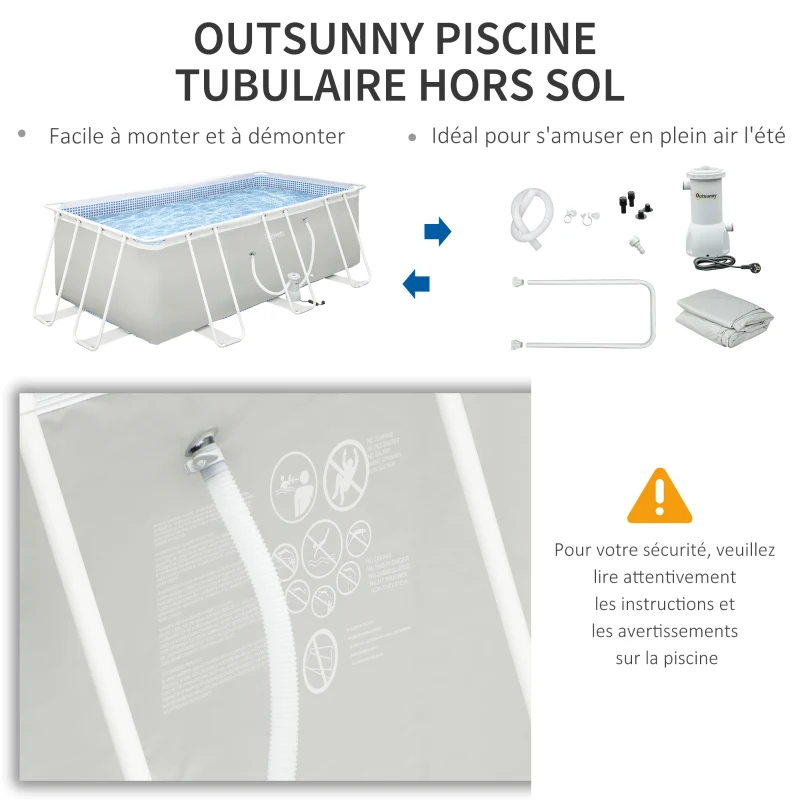 Outsunny Piscine tubulaire hors sol rectangulaire avec filtre dim. 440L x 240l x 122H cm, gris clair