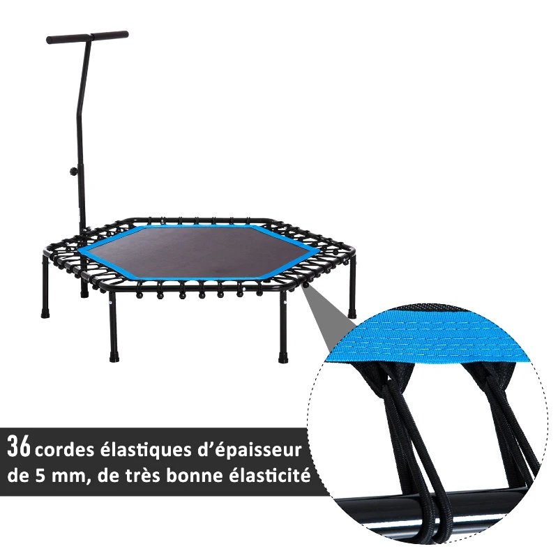 HOMCOM Trampoline de Fitness / Gymnastique haute performance Ø 114 cm élastiques Bungee + guidon hauteur réglable 116-132 cm bleu noir