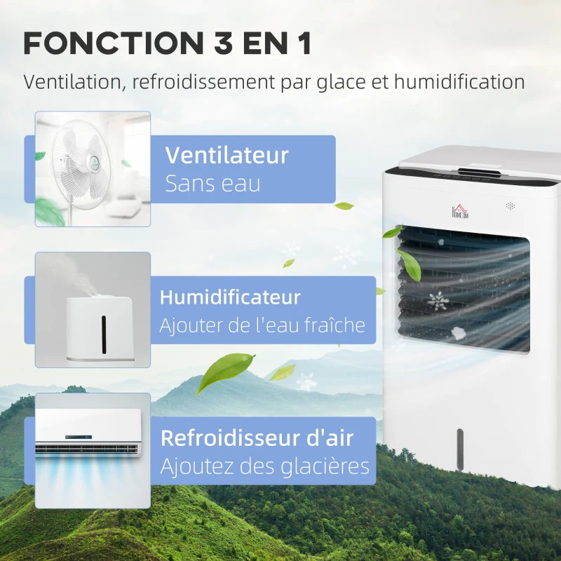 HOMCOM Rafraîchisseur d'air/ventilateur/humidificateur/purificateur 4 en 1 télécommande - réservoir 8,5L avec 4 blocs réfrigérants