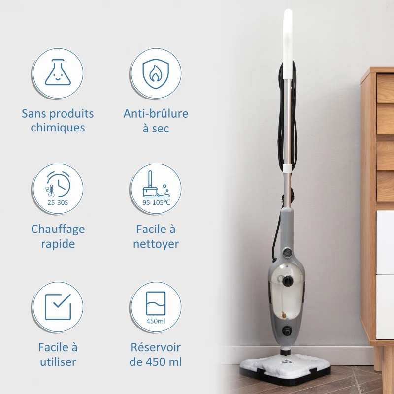 HOMCOM Balai vapeur nettoyeur vapeur à main puissance 1300 W 450 ml adapté à toutes les surfaces et les tapis 11 accessoires inclus 99,9% des bactéries et germes tués sans produit chimique blanc gris
