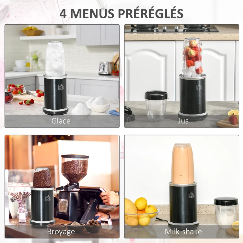 HOMCOM Blender compact 2 en 1 - 1000 W avec 2 bols amovibles 700ml et 350ml et couvercles