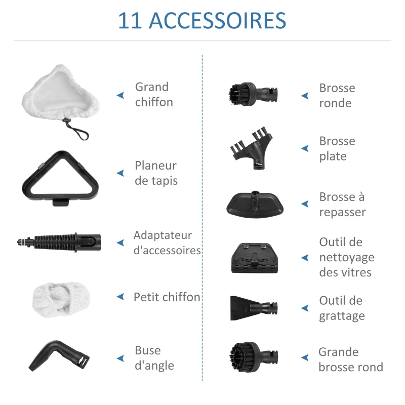 HOMCOM Balai vapeur nettoyeur vapeur à main puissance 1300 W 450 ml adapté à toutes les surfaces et les tapis 11 accessoires inclus 99,9% des bactéries et germes tués sans produit chimique blanc gris