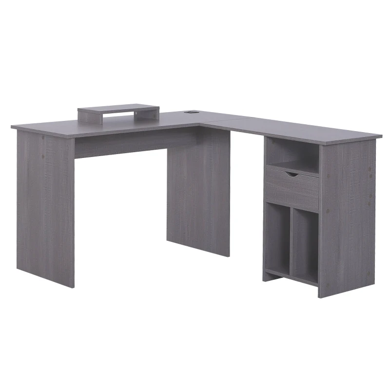 HOMCOM Bureau d'angle pour ordinateur table informatique 140L x 120l x 75H cm 3 niches 1 tiroir panneaux particules gris
