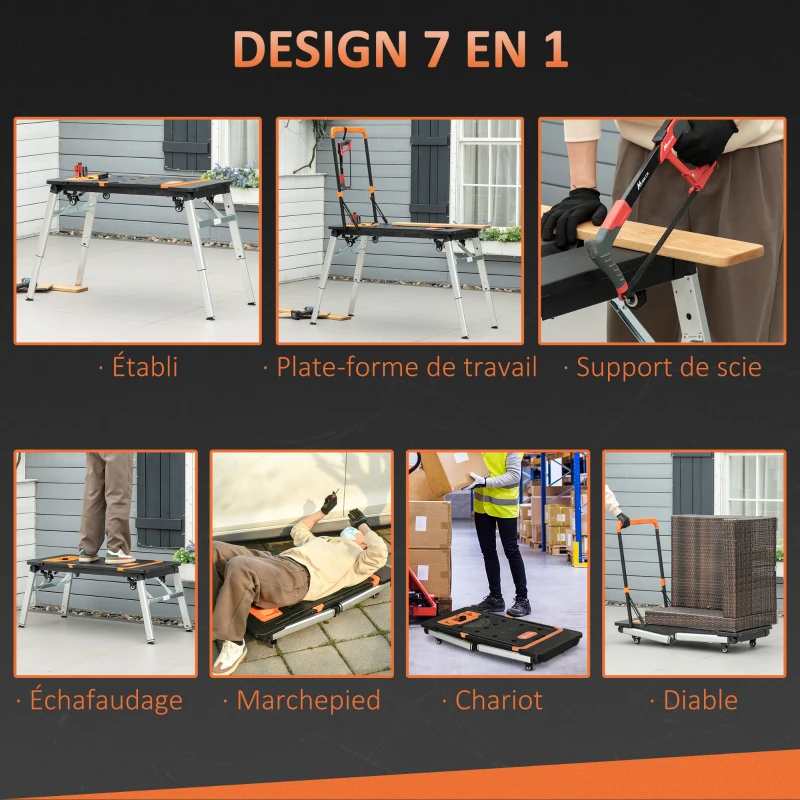 DURHAND Établi de travail, Plaforme de travail, Diable,Support de scie, Échafaudage, Marchepied, Chariot Pliable Multifonction 7 en 1 - Charge Max 150 kg