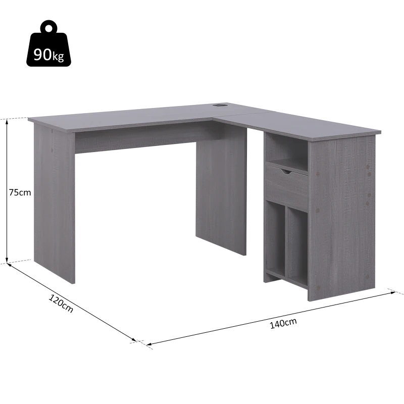 HOMCOM Bureau d'angle pour ordinateur table informatique 140L x 120l x 75H cm 3 niches 1 tiroir panneaux particules gris