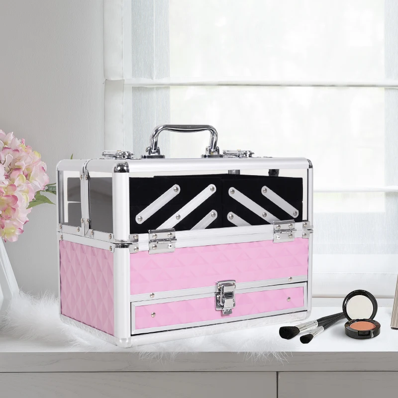 HOMCOM Mallette à maquillage - coffre à cosmétiques - rangement produits de beauté - dim. 30L x 18l x 22H cm - poignée serrure alu. acrylique rose