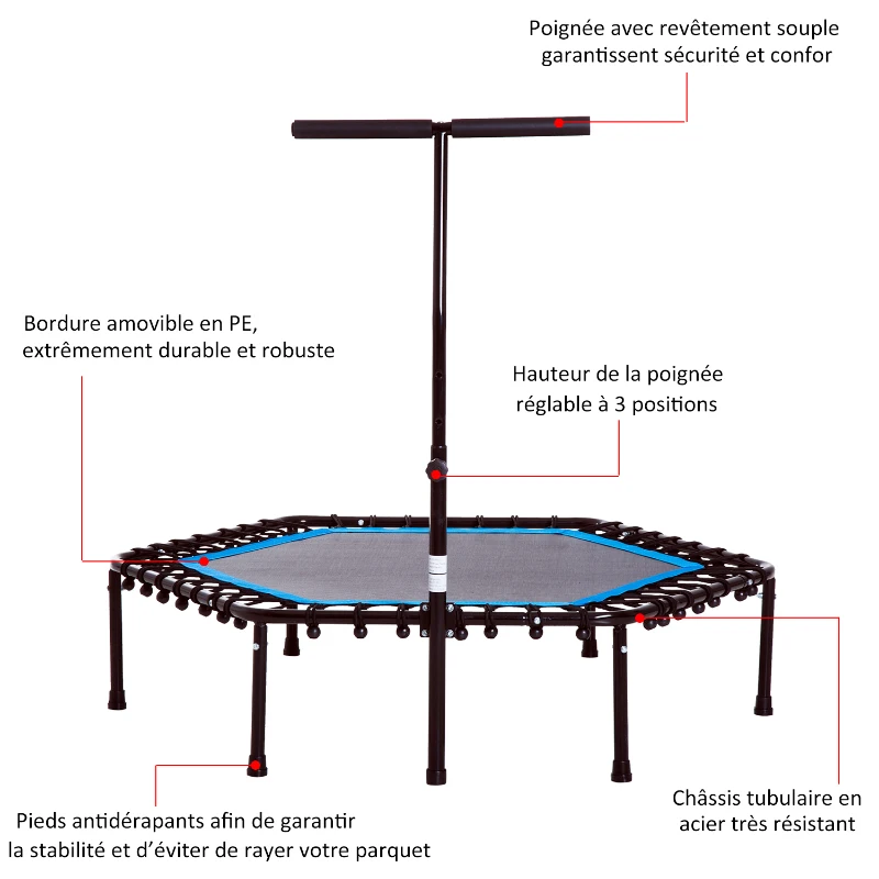 HOMCOM Trampoline de Fitness / Gymnastique haute performance Ø 114 cm élastiques Bungee + guidon hauteur réglable 116-132 cm bleu noir