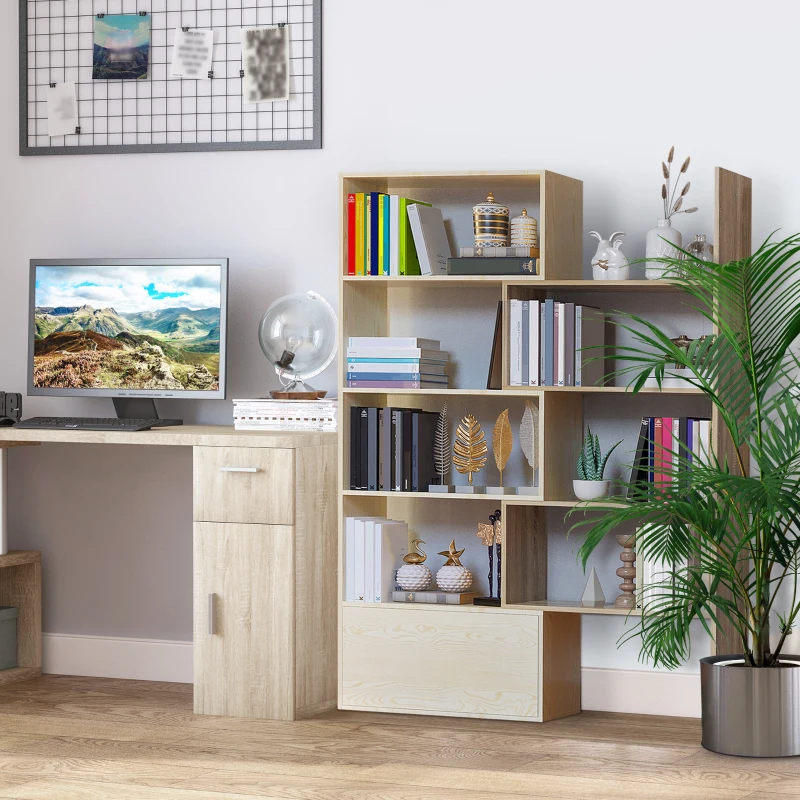 HOMCOM Librarie Rastel cu Rafturi pentru Salon in Lemn 141 x 29 x 176 cm Alb, Stejar