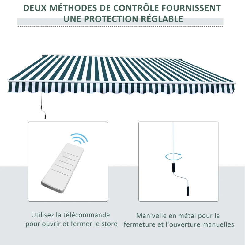 Outsunny Store banne électrique et Manuel rétractable dim. 3,95L x 3l (avancée) m télécommande fournie alu. Polyester Haute densité imperméabilisé Anti-UV Vert Blanc rayé