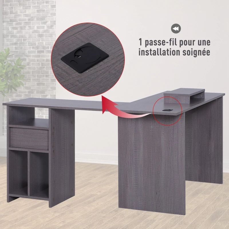HOMCOM Bureau d'angle pour ordinateur table informatique 140L x 120l x 75H cm 3 niches 1 tiroir panneaux particules gris