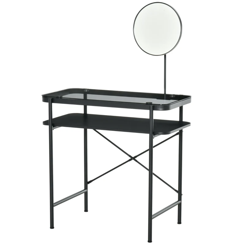 HOMCOM Coiffeuse Design Contemporain Table de Maquillage Plateau Verre trempé étagère Miroir pivotant métal Noir
