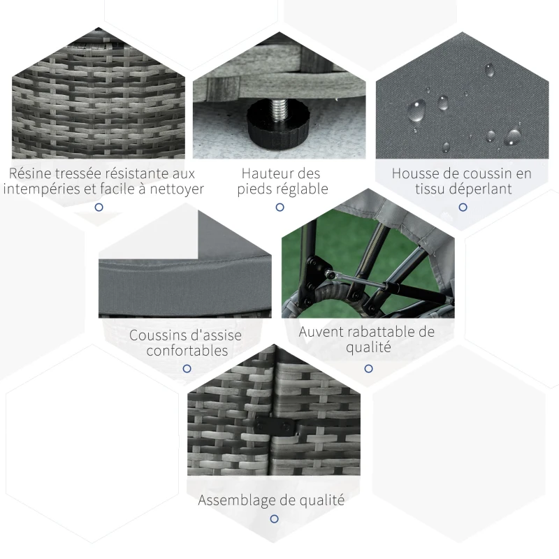 Outsunny Bain de soleil chaise longue salon de jardin exterieur modulable en résine tressée avec pare soleil pliable 5 coussins 3 oreillers 175l x 180P x 147H cm gris