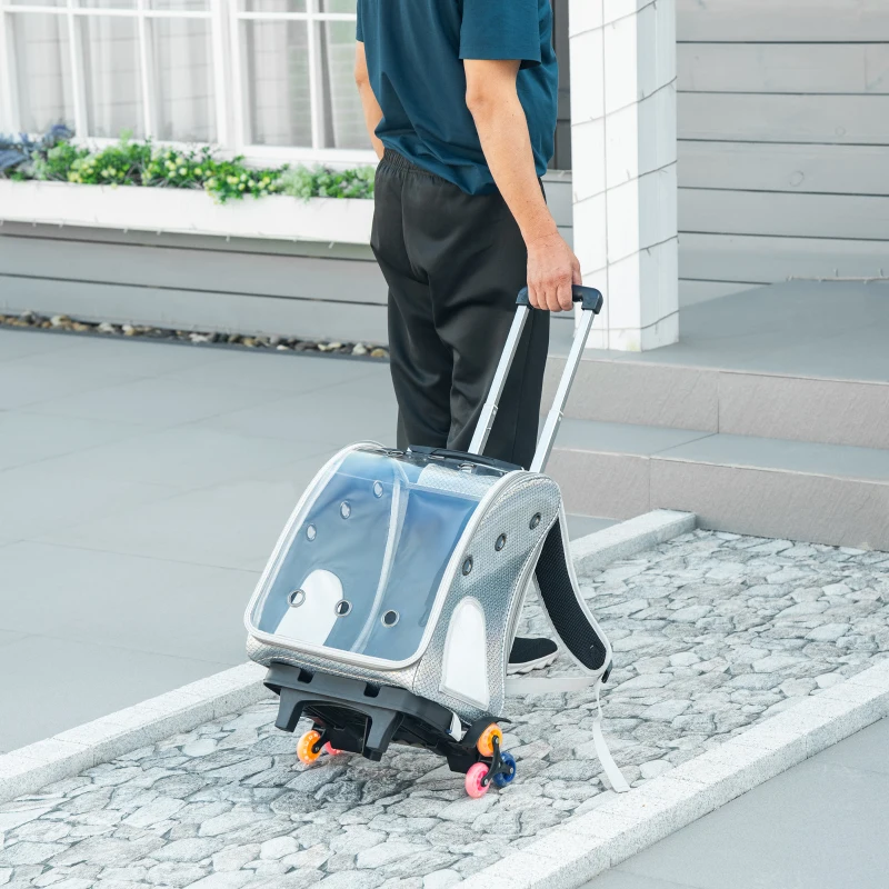 PawHut 2 en 1 trolley chariot sac à dos sac de transport à roulettes pour chat chariot panier à roulette porte transparente longueur de tige de traction réglable 34 x 30 x 54 cm gris