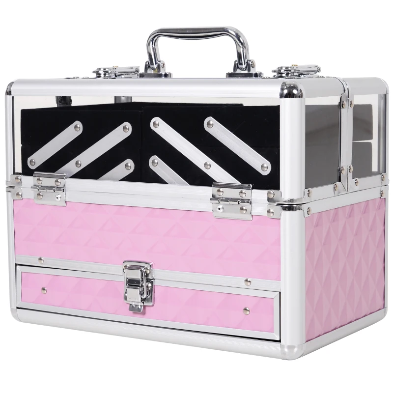HOMCOM Mallette à maquillage - coffre à cosmétiques - rangement produits de beauté - dim. 30L x 18l x 22H cm - poignée serrure alu. acrylique rose