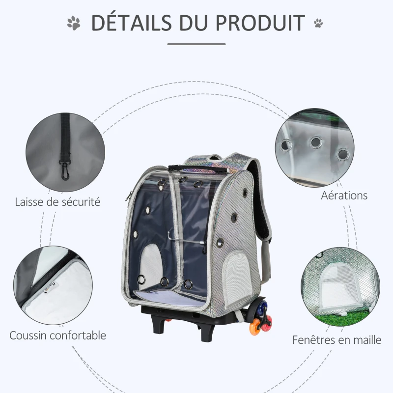 PawHut 2 en 1 trolley chariot sac à dos sac de transport à roulettes pour chat chariot panier à roulette porte transparente longueur de tige de traction réglable 34 x 30 x 54 cm gris
