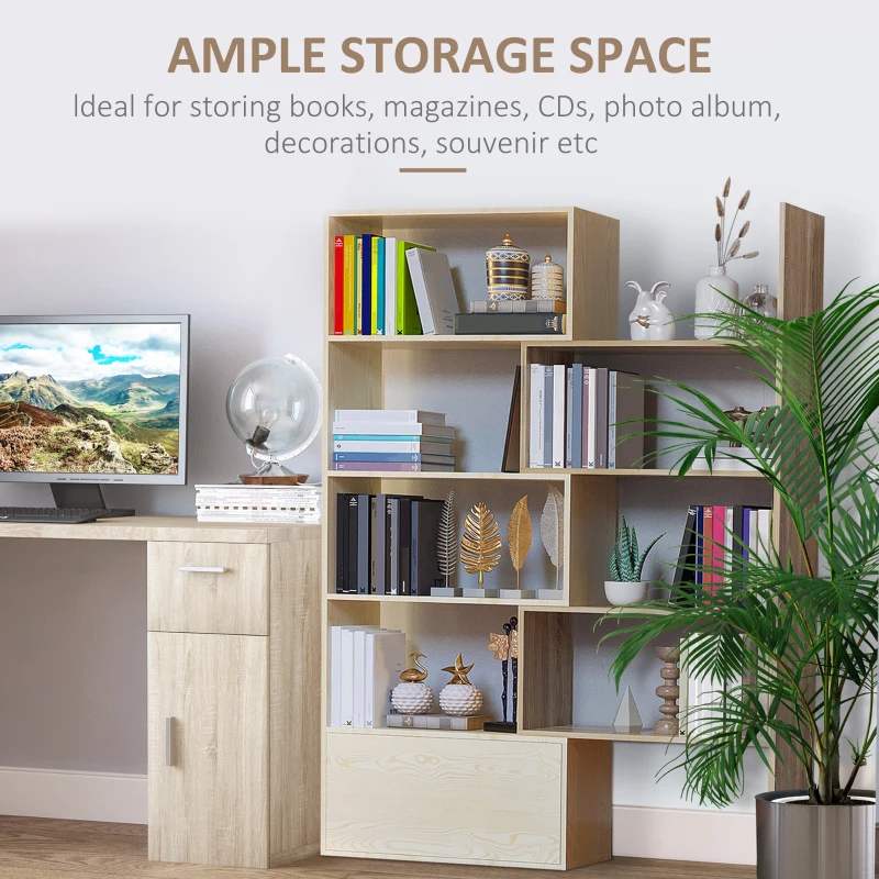 HOMCOM Librarie Rastel cu Rafturi pentru Salon in Lemn 141 x 29 x 176 cm Alb, Stejar