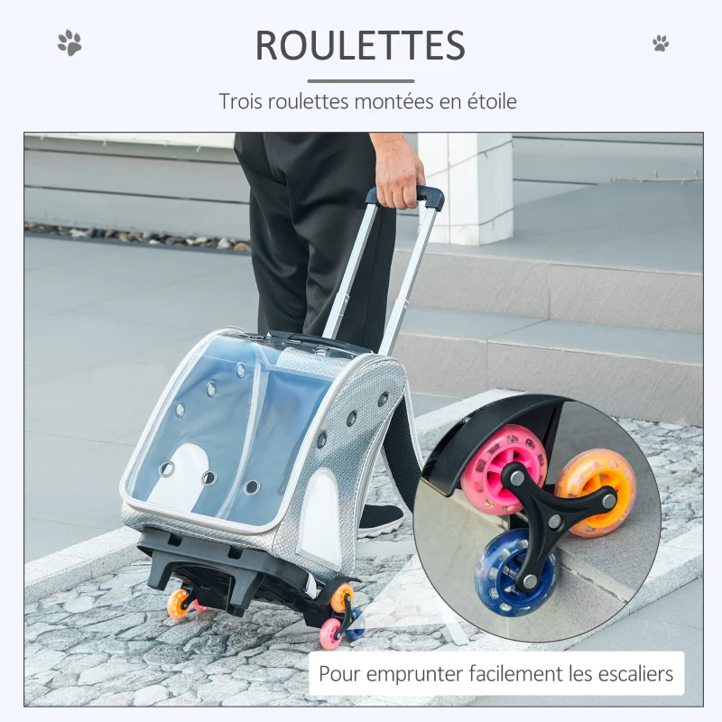PawHut 2 en 1 trolley chariot sac à dos sac de transport à roulettes pour chat chariot panier à roulette porte transparente longueur de tige de traction réglable 34 x 30 x 54 cm gris