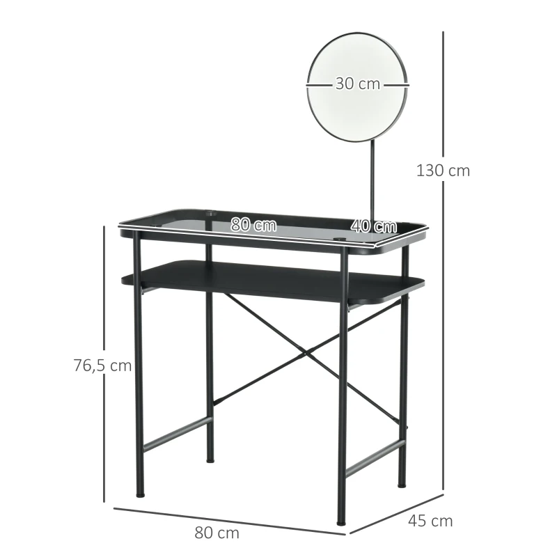 HOMCOM Coiffeuse Design Contemporain Table de Maquillage Plateau Verre trempé étagère Miroir pivotant métal Noir