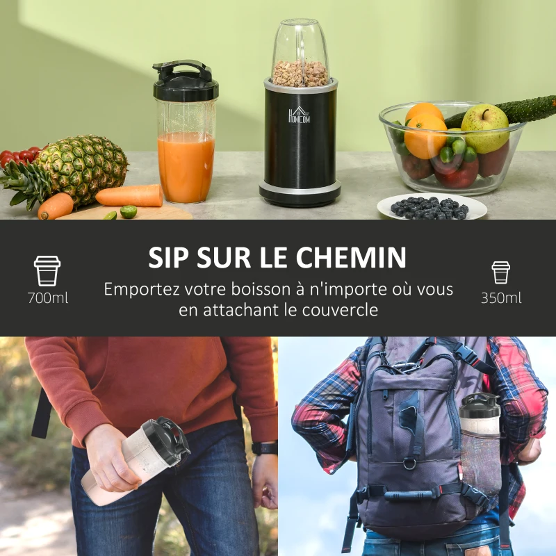 HOMCOM Blender compact 2 en 1 - 1000 W avec 2 bols amovibles 700ml et 350ml et couvercles