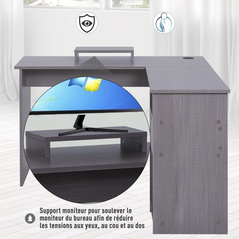 HOMCOM Bureau d'angle pour ordinateur table informatique 140L x 120l x 75H cm 3 niches 1 tiroir panneaux particules gris