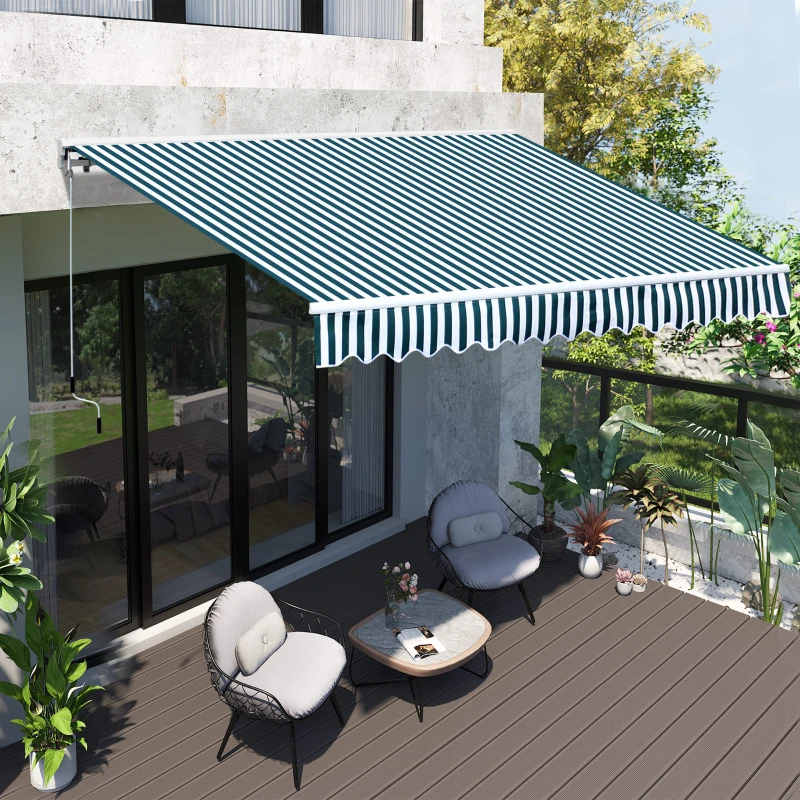 Outsunny Store banne électrique et Manuel rétractable dim. 3,95L x 3l (avancée) m télécommande fournie alu. Polyester Haute densité imperméabilisé Anti-UV Vert Blanc rayé