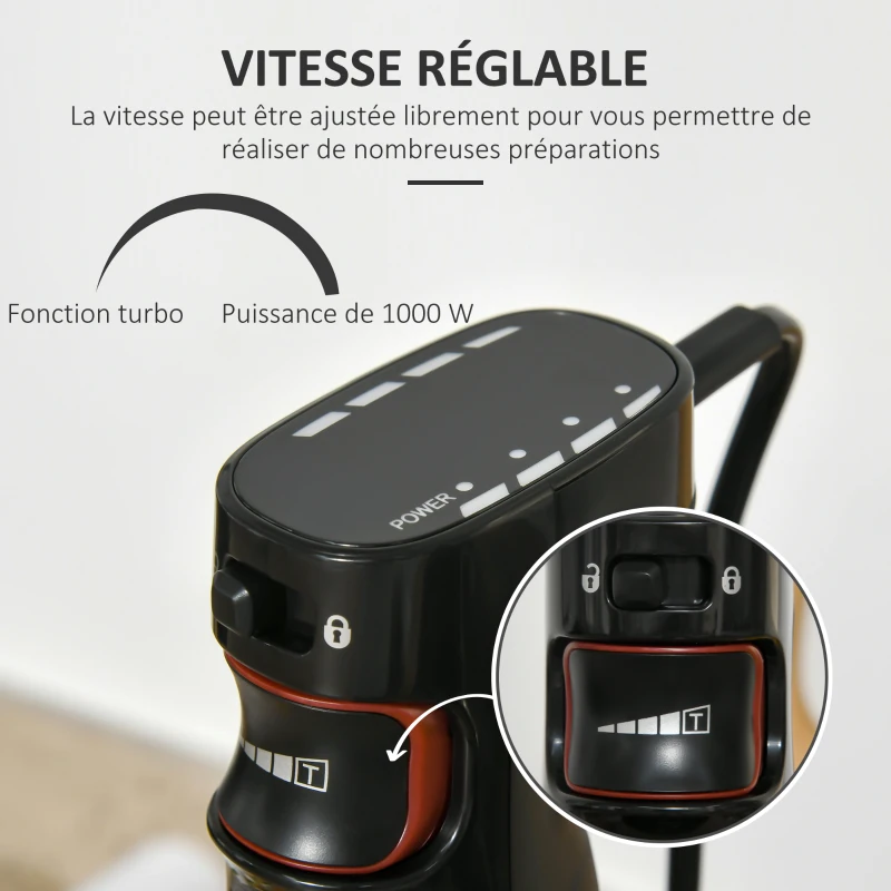 HOMCOM Mixeur Plongeant Multifonction 3 en 1 Vitesse réglable turbo1000 W - mélangeur à Main, hâchoir, Batteur - Acier INOX. ABS Noir