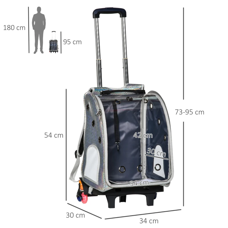 PawHut 2 en 1 trolley chariot sac à dos sac de transport à roulettes pour chat chariot panier à roulette porte transparente longueur de tige de traction réglable 34 x 30 x 54 cm gris