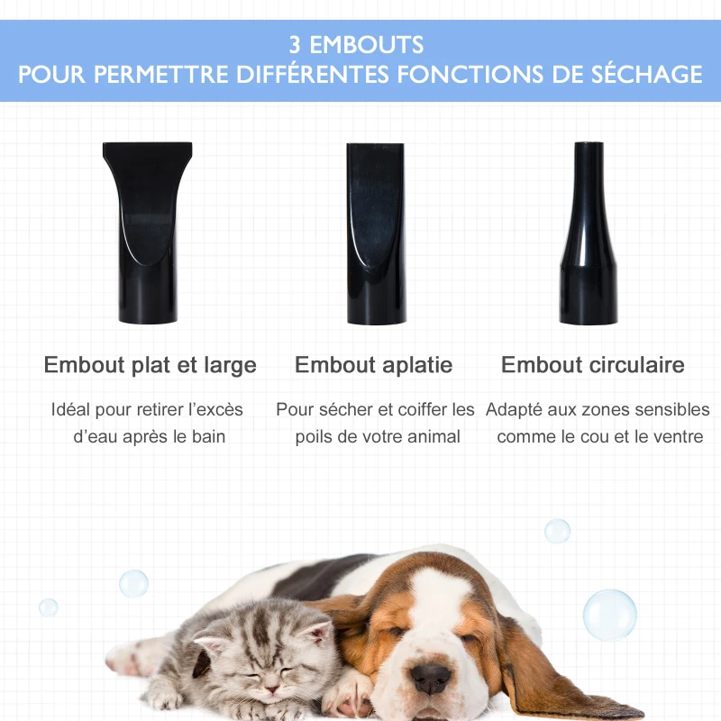 PawHut Séchoir sèche-poils toilettage pulseur chien professionnel pour chien chat animaux 2200 W - température vitesse réglable - 3 embouts - bleu