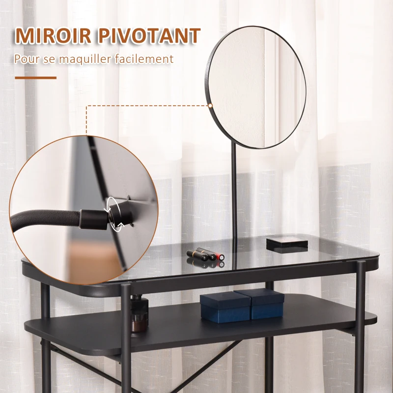 HOMCOM Coiffeuse Design Contemporain Table de Maquillage Plateau Verre trempé étagère Miroir pivotant métal Noir