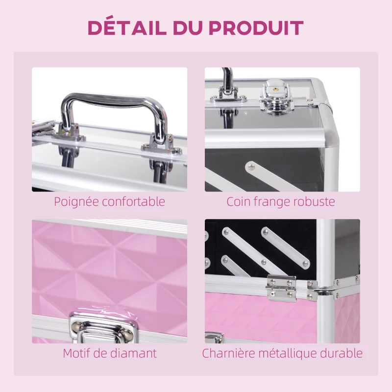 HOMCOM Mallette à maquillage - coffre à cosmétiques - rangement produits de beauté - dim. 30L x 18l x 22H cm - poignée serrure alu. acrylique rose