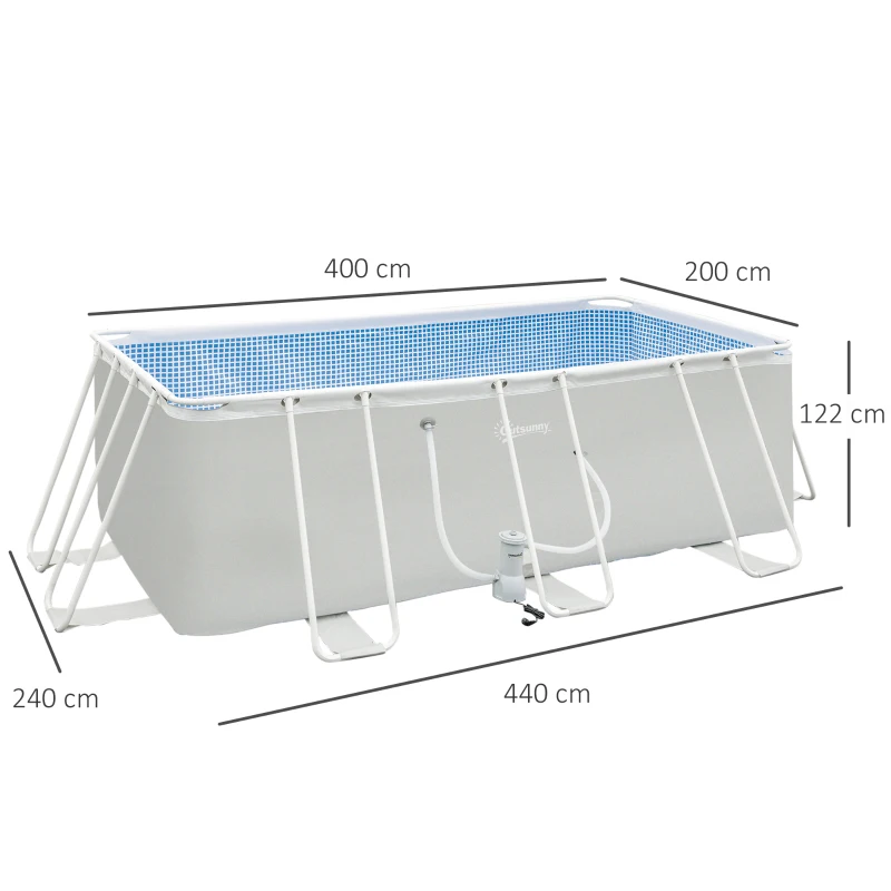 Outsunny Piscine tubulaire hors sol rectangulaire avec filtre dim. 440L x 240l x 122H cm, gris clair