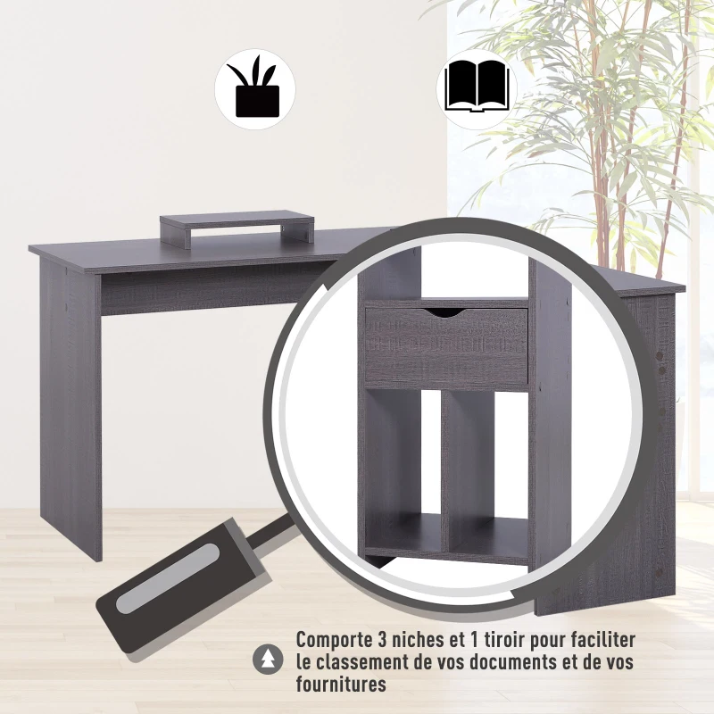 HOMCOM Bureau d'angle pour ordinateur table informatique 140L x 120l x 75H cm 3 niches 1 tiroir panneaux particules gris